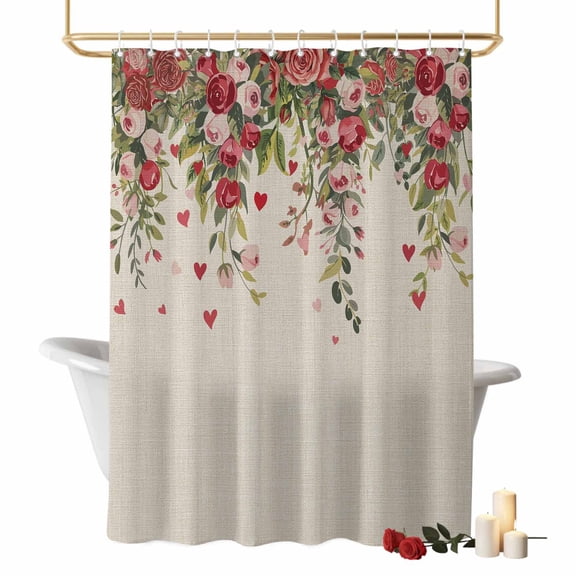 Valentine's Day Bathroom Shower Curtain, Romantic Watercolor Red Pink Roses Floral Leaf Linen Texture Waterproof Washable Soft Bath Curtain for Bathtub Decor with 12 Hooks&Grommet, 36x72 Inch