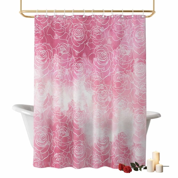 Valentine's Day Bathroom Shower Curtain, Watercolor Romantic Gradient Pink Roses Floral Texture Waterproof Washable Soft Bath Curtain for Bathtub Decor with 12 Hooks&Grommet, 36x72 Inch