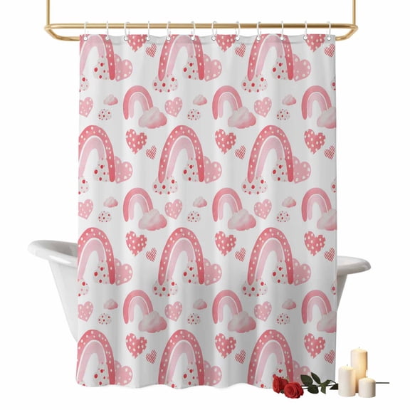 Valentine's Day Bathroom Shower Curtain, Watercolor Spring Pink Rainbow Cloud Love Heart Pink Waterproof Washable Soft Bath Curtain for Bathtub Decor with 12 Hooks&Grommet, 36x72 Inch