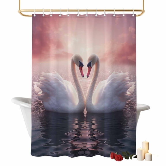 Valentine's Day Bathroom Shower Curtain, White Swans Couple Romantic Pink Waterproof Washable Soft Bath Curtain for Bathtub Decor with 12 Hooks&Grommet, 72x72 Inch