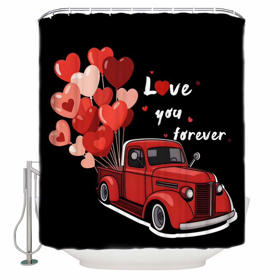 Valentine's Day Bathroom Shower Curtains with 12 Hooks Polyester Waterproof Shower Curtain for Stalls and Bathtubs Red Love Heart Truck Black Modern Art Decorative Bathroom Curtain 54x78 Inches