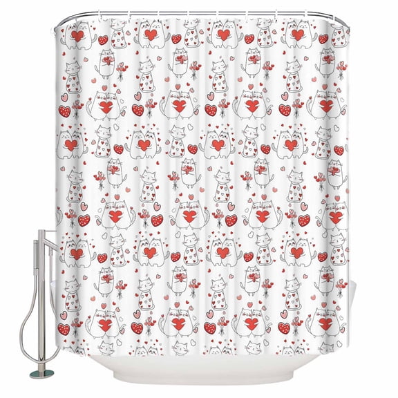 Valentine's Day Bathroom Shower Curtains with 12 Hooks Polyester Waterproof Shower Curtain for Stalls and Bathtubs Sweet Couple Cats Love Romance White Decorative Bathroom Curtain 36x72 Inches