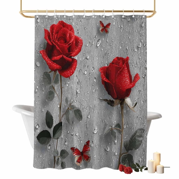 Valentine's Day Bathroom Shower Curtains with Hooks, Rainy Romantic Red Roses Floral Plant Butterfly Waterproof Fabric Washable Shower Curtain for Home Hotel Bathtub Decor 36x72 Inch