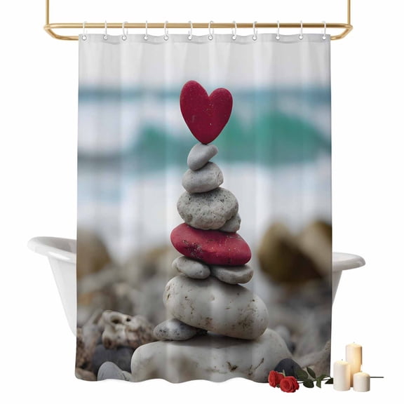 Valentine's Day Bathroom Shower Curtains with Hooks, Romantic Heart Rock Pyramid White Pebbles The Sea Balance Waterproof Fabric Washable Shower Curtain for Home Hotel Bathtub Decor 72x84 Inch