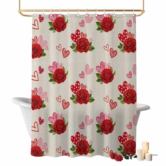 Valentine's Day Bathroom Shower Curtains with Hooks, Romantic Red Roses Floral Pink Red Love Heart Linen Texture Waterproof Fabric Washable Shower Curtain for Home Hotel Bathtub Decor 60x72 Inch
