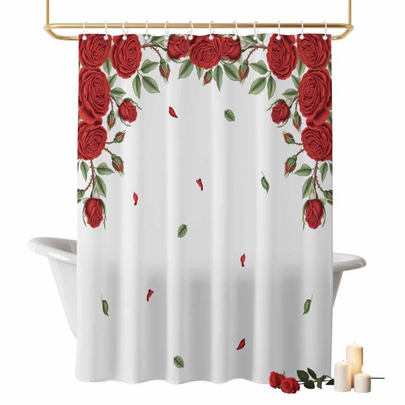 Valentine's Day Bathroom Shower Curtains with Hooks, Romantic Red Roses Waterproof Fabric Washable Shower Curtain for Home Hotel Bathtub Decor 36x72 Inch