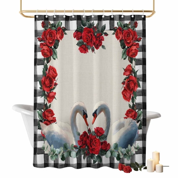 Valentine's Day Bathroom Shower Curtains with Hooks, Sweet Swan Couple Red Rose Floral Leaf Linen Texture Black Plaid Waterproof Fabric Washable Shower Curtain for Home Hotel Bathtub Decor 72x72 Inch
