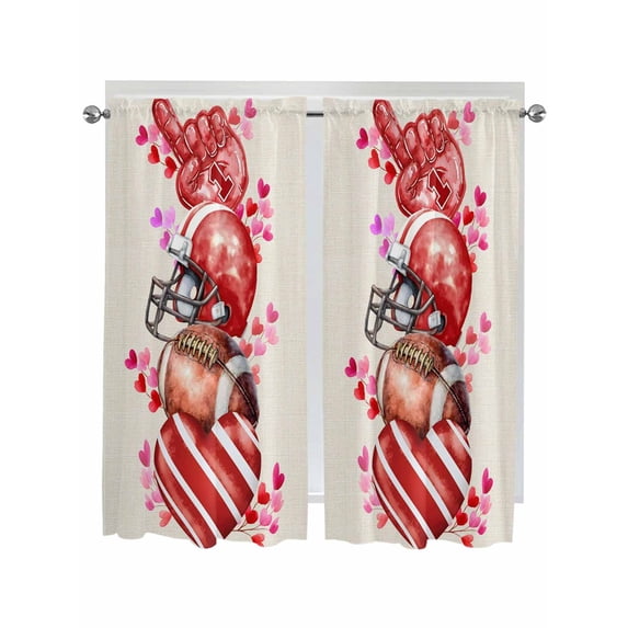 Valentine's Day Bathroom Window Curtain, Red Pink Love Heart Rugby Glove Beige Light Filtering Coffee Kitchen Curtains, Bedroom Living Room Curtains 2 Panel 84"x63"
