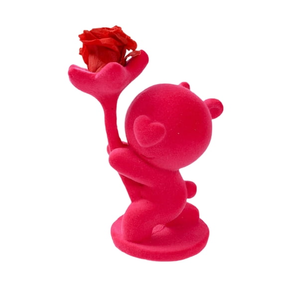 Valentine's Day Bear Figurine Decorative Animal Art Flocked Desktop Ornament, Soft Flocked Material & Romantic Bear Holding Rose Design, Ideal Desktop Ornament For Home Office