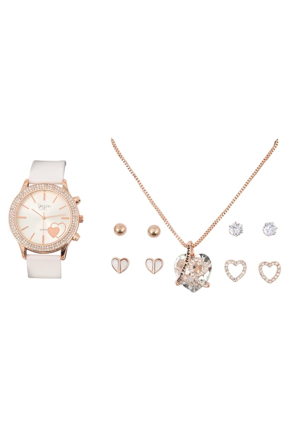 Valentine's Day Beautiful Ladies I Love You Forever 6 pc Jewerly Set with Colorful Rubber Band Bling Watch - Matching Earrings and Heart Pendent Necklace - ST10370 (Rose Gold White)