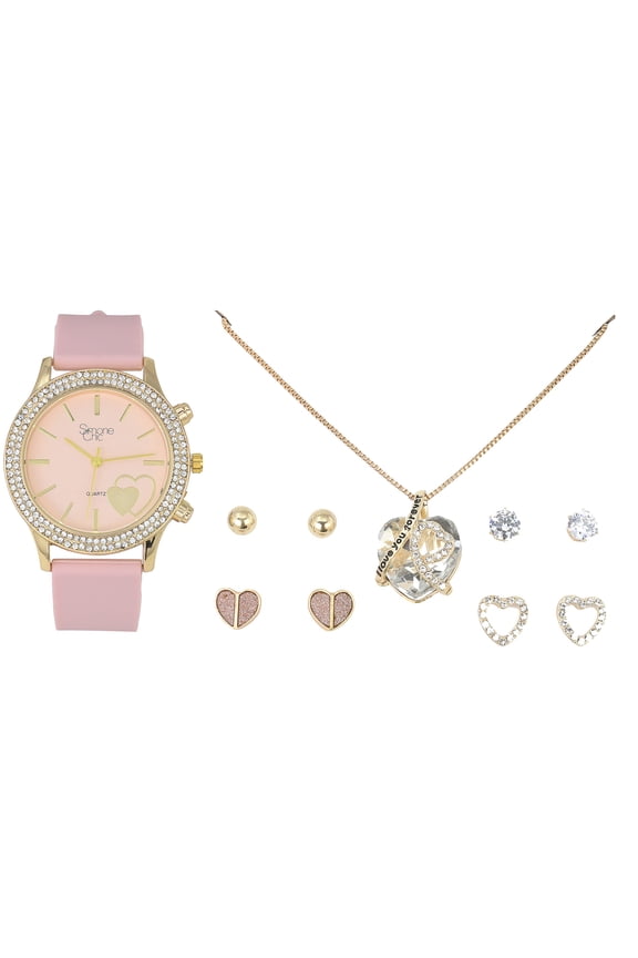 Valentine's Day Beautiful Ladies I Love You Forever 6 pc Jewerly Set with Colorful Rubber Band Bling Watch - Matching Earrings and Heart Pendent Necklace - ST10370 (Pink)