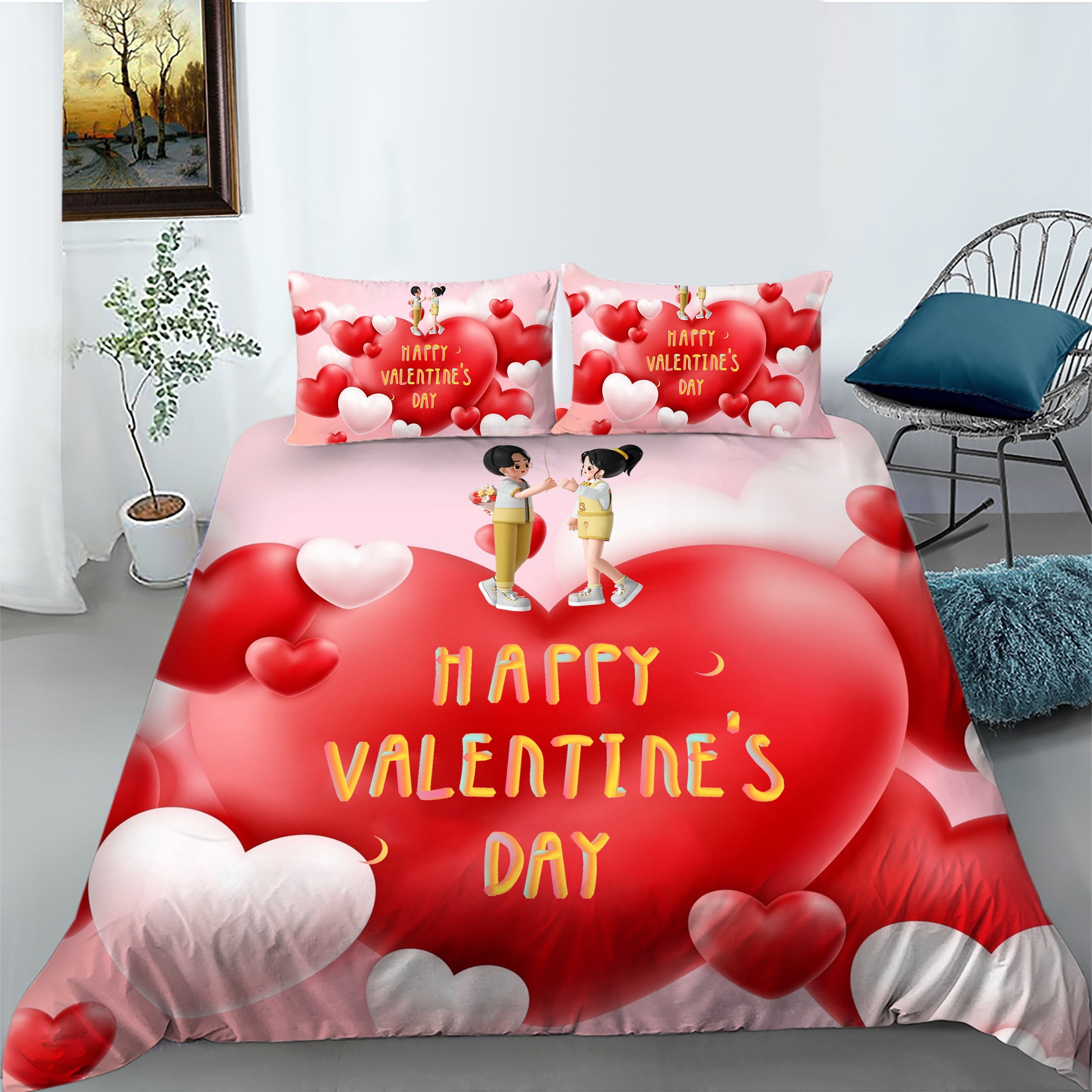 Valentine's Day Bed Gift Tulip Rose Chocolate Balloon Printed Comforter
