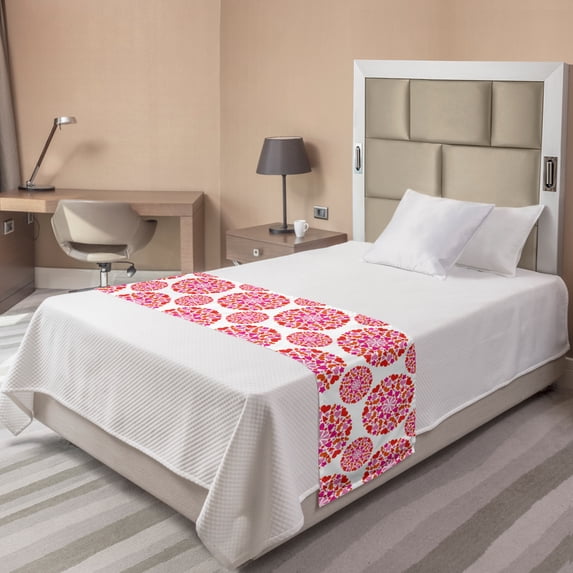 Valentine's Day Bed Runner, Romantic Love Theme of Vibrant Hearts in Circle Forms, Decorative Accent Bedding Scarf for Hotels Homes and Guestrooms, Twin, Vermilion Pink, by Ambesonne