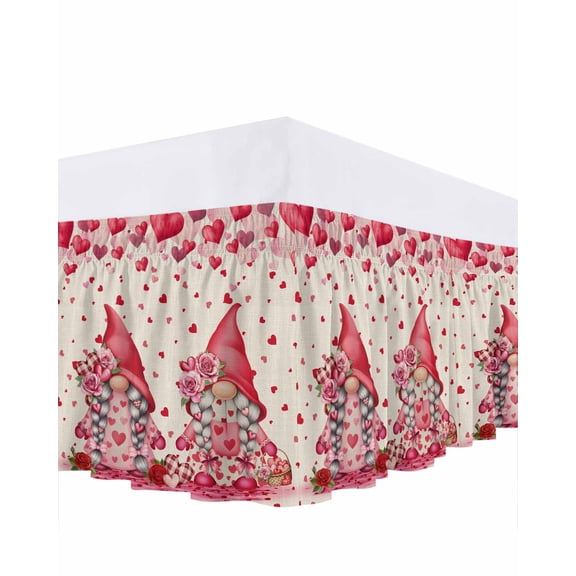 Valentine's Day Bed Skirt California King Size 16 Inch Drop, Sweet Gnome Couple Pink Love Heart Rose Flower Adjustable Elastic Dust Ruffles Bedskirt Wrap Around Pleated Mattress Frame Cover