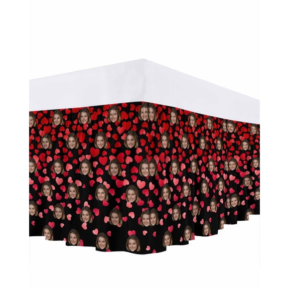 Valentine's Day Bed Skirt California King Size 18 Inch Drop, Funny Girl Smile Face Picture Red Love Heart Black Adjustable Elastic Dust Ruffles Bedskirt Wrap Around Pleated Mattress Frame Cover