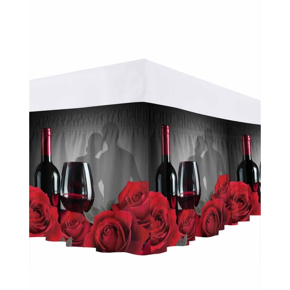Valentine's Day Bed Skirt California King Size 18 Inch Drop, Romantic Couple Lover Shadow Red Roses Floral Red Wine Adjustable Elastic Dust Ruffles Bedskirt Wrap Around Pleated Mattress Frame Cover