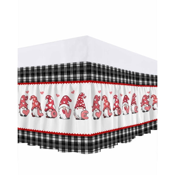 Valentine's Day Bed Skirt King Size 16 Inch Drop, Cute Love Gnome Red Pink Lace Border Black Plaid Adjustable Elastic Dust Ruffles Bedskirt for King Bed Wrap Around Pleated Mattress Frame Cover