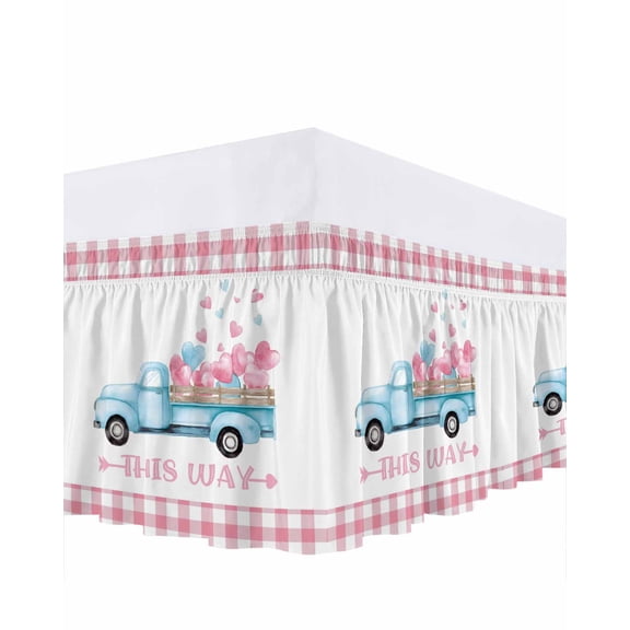 Valentine's Day Bed Skirt King Size 16 Inch Drop, This Way Watercolor Blue Car Love Pink Plaid Adjustable Elastic Dust Ruffles Bedskirt for King Bed Wrap Around Pleated Mattress Frame Cover