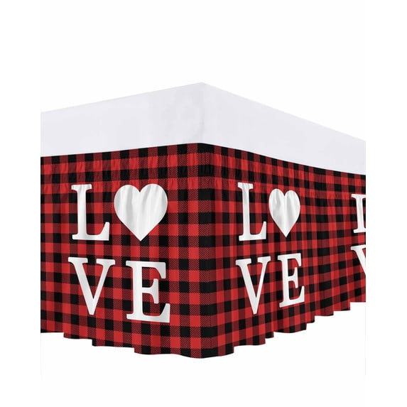 Valentine's Day Bed Skirt King Size 18 Inch Drop, LOVE Red Black Background Adjustable Elastic Dust Ruffles Bedskirt for King Bed Wrap Around Pleated Mattress Frame Cover