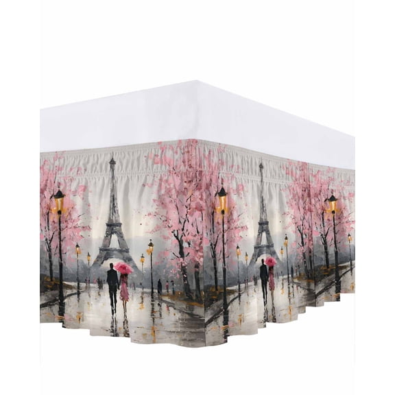 Valentine's Day Bed Skirt King Size 18 Inch Drop, Rainy Couple under Pink Umbrella Paris Eiffel Tower Pink Trees Adjustable Elastic Dust Ruffles Bedskirt for King Bed Wrap Around Pleated Frame Cover