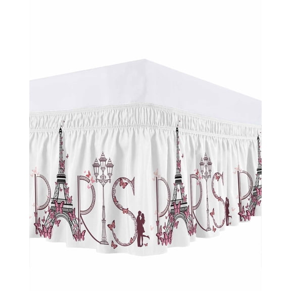 Valentine's Day Bed Skirt King Size 18 Inch Drop, Sweet Couple under Paris Tower Eiffel Pink Butterfly Adjustable Elastic Dust Ruffles Bedskirt for King Bed Wrap Around Pleated Mattress Frame Cover