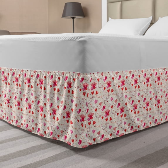 Valentine's Day Bed Skirt, Print of Heart Shaped Balloons Flying Up with Mini Hearts, Elastic Bedskirt Dust Ruffle Wrap Around for Bedding Decor, 4 Sizes, Eggshell Vermilion, by Ambesonne