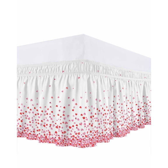 Valentine's Day Bed Skirt Queen Size 16 Inch Drop, Gradient Red Pink Love Heart Abstract Art Adjustable Elastic Dust Ruffles Bedskirt for Queen Bed Wrap Around Pleated Mattress Frame Cover