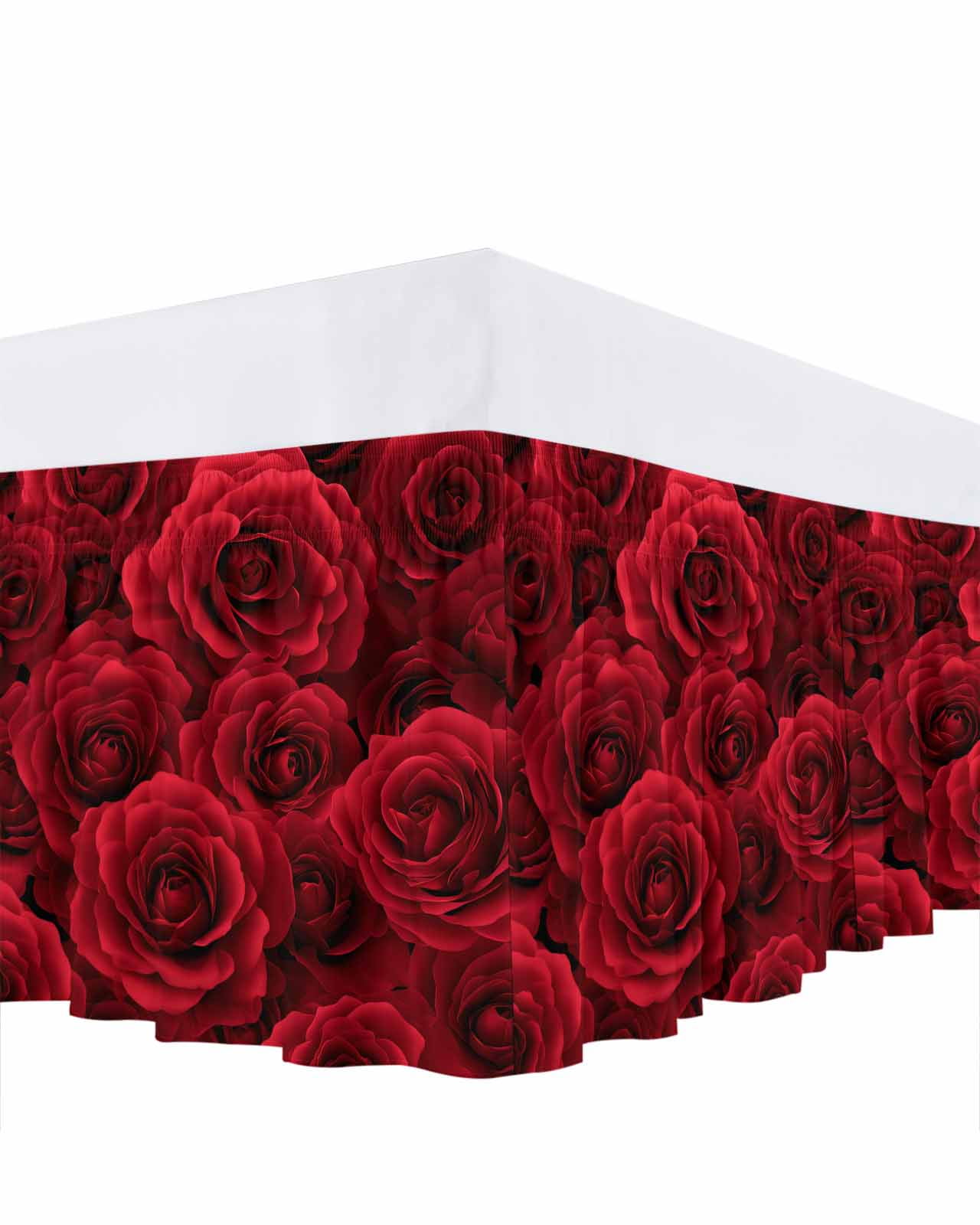 Valentine's Day Bed Skirt Queen Size 16 Inch Drop, Modern Romantic Dark Red Roses Petal Floral Plant Adjustable Elastic Dust Ruffles Bedskirt for Queen Bed Wrap Around Pleated Mattress Frame Cover