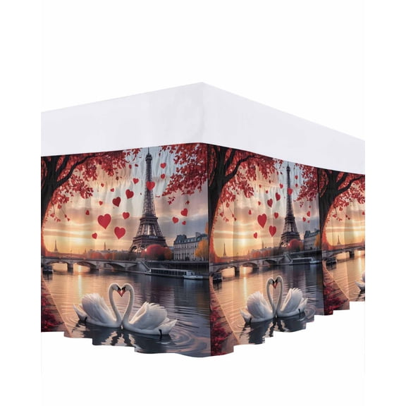 Valentine's Day Bed Skirt Queen Size 16 Inch Drop, Modern Sweet Swan Couple under Eiffel Tower Red Love Heart Adjustable Elastic Dust Ruffles Bedskirt for Queen Bed Wrap Around Pleated Frame Cover