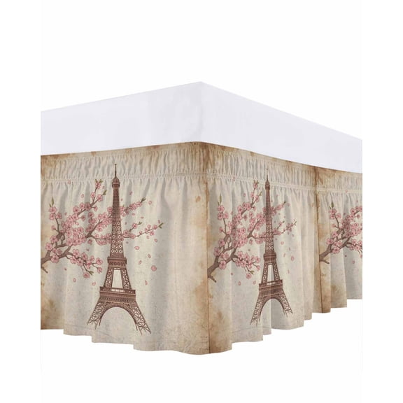 Valentine's Day Bed Skirt Queen Size 16 Inch Drop, Vintage Romantic Pink Blossoming Paris Eiffel Tower Adjustable Elastic Dust Ruffles Bedskirt for Queen Bed Wrap Around Pleated Mattress Frame Cover