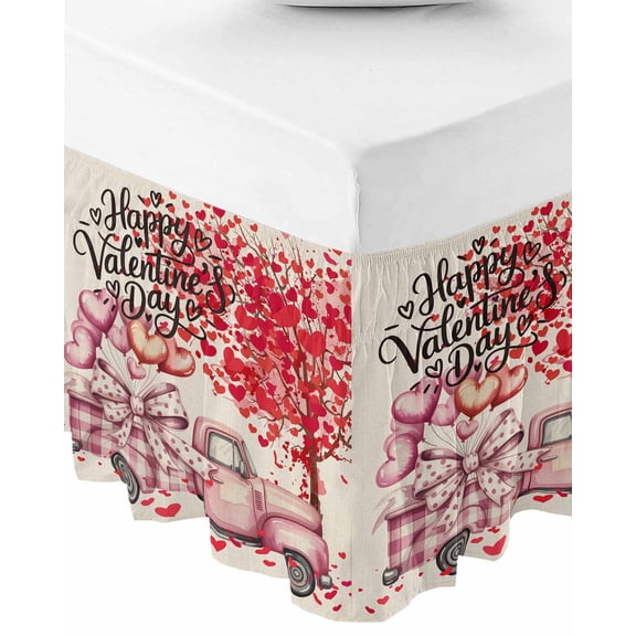 Valentine's Day Bed Skirt Queen Size 16 Inch Drop, Wrap Around Bed Skirts, Love Tree Trucks Balloons Beige Romantic Elastic Bedskirt Pleated Bed Frame Cover Luxurious Dust Ruffle for Queen Bed