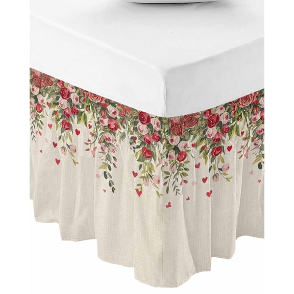 Valentine's Day Bed Skirt Queen Size 16 Inch Drop, Wrap Around Bed Skirts, Watercolor Roses Leaves Flowers Spring Beige Elastic Bedskirt Pleated Bed Frame Cover Luxurious Dust Ruffle for Queen Bed