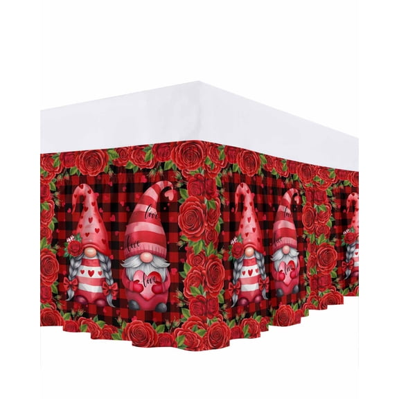 Valentine's Day Bed Skirt Queen Size 18 Inch Drop, Gnome Couple Romantic Red Love Heart Roses Floral Red Plaid Adjustable Elastic Dust Ruffles Bedskirt for Queen Bed Wrap Around Pleated Frame Cover