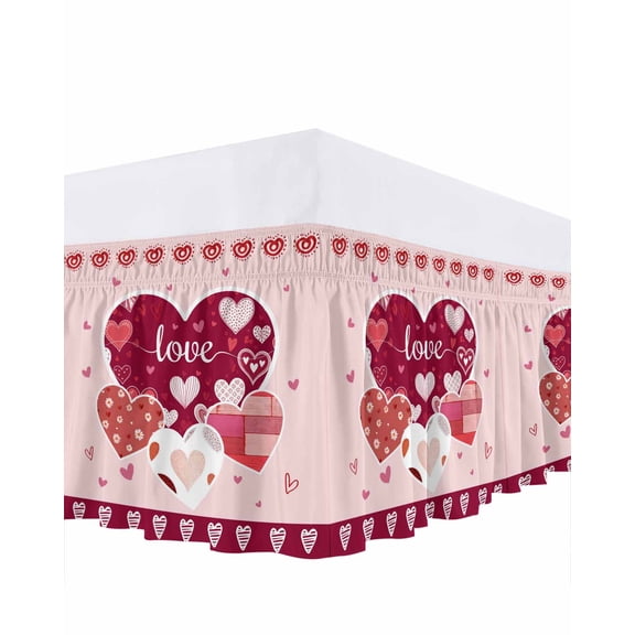 Valentine's Day Bed Skirt Queen Size 18 Inch Drop, Love Flower Stripe Hearts Pink Border Vintage Adjustable Elastic Dust Ruffles Bedskirt for Queen Bed Wrap Around Pleated Mattress Frame Cover