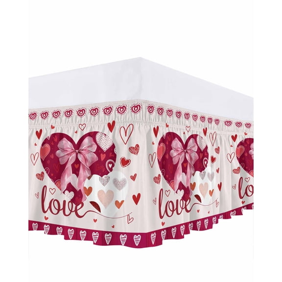 Valentine's Day Bed Skirt Queen Size 18 Inch Drop, Love Patchwork Bowknot Pink Border Beige Adjustable Elastic Dust Ruffles Bedskirt for Queen Bed Wrap Around Pleated Mattress Frame Cover