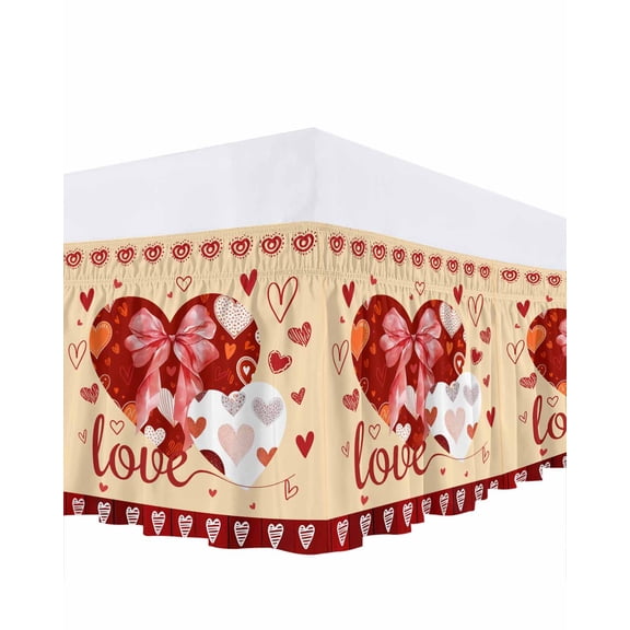 Valentine's Day Bed Skirt Queen Size 18 Inch Drop, Love Patchwork Bowknot Red Border Yellow Adjustable Elastic Dust Ruffles Bedskirt for Queen Bed Wrap Around Pleated Mattress Frame Cover