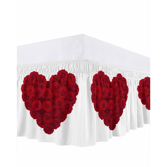 Valentine's Day Bed Skirt Queen Size 18 Inch Drop, Retro Red Roses Heart Shape Whitebackground Adjustable Elastic Dust Ruffles Bedskirt for Queen Bed Wrap Around Pleated Mattress Frame Cover