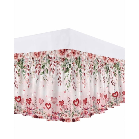 Valentine's Day Bed Skirt Queen Size 18 Inch Drop, Roses Love Heart Eucalyptus Leaf Pink Adjustable Elastic Dust Ruffles Bedskirt for Queen Bed Wrap Around Pleated Mattress Frame Cover