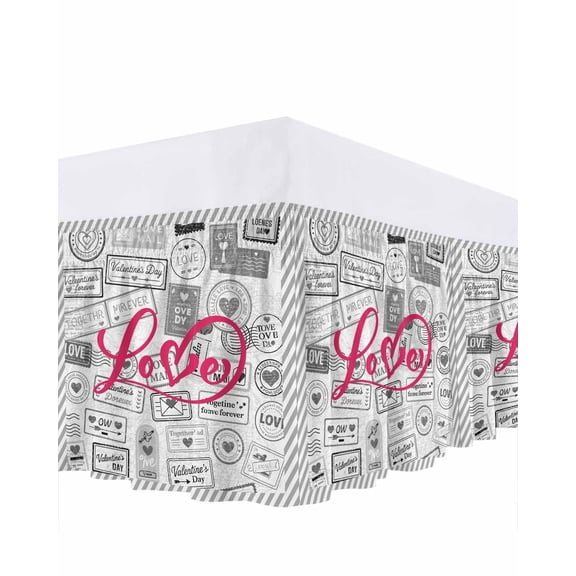 Valentine's Day Bed Skirt Queen Size 18 Inch Drop, Vintage Pink Love Black White Heart Stamps Stripes Adjustable Elastic Dust Ruffles Bedskirt for Queen Bed Wrap Around Pleated Mattress Frame Cover