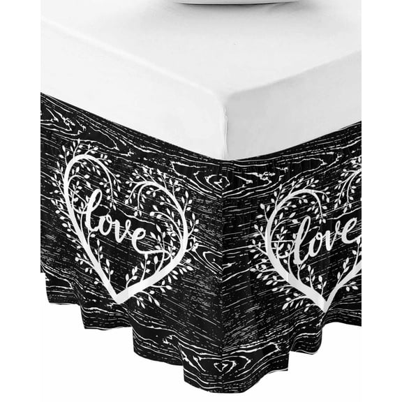 Valentine's Day Bed Skirt Queen Size 18 Inch Drop, Wrap Around Bed Skirts, Love Branches Vintage Wood Grain Black Elastic Bedskirt Pleated Bed Frame Cover Luxurious Dust Ruffle for Queen Bed