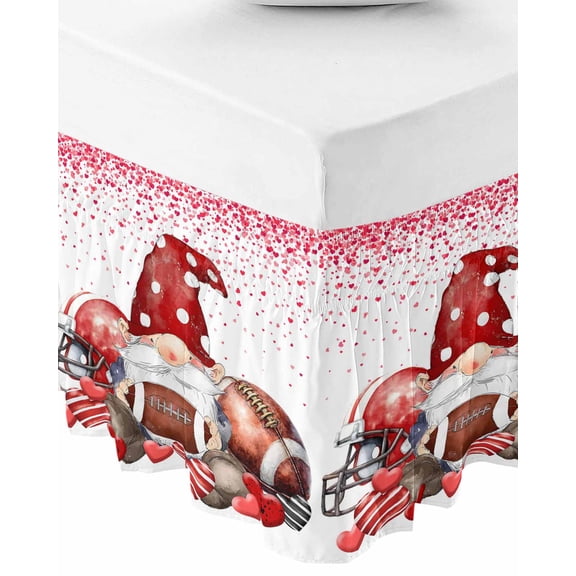 Valentine's Day Bed Skirt Queen Size 18 Inch Drop, Wrap Around Bed Skirts, Love Heart Gnomes Footballs Romantic Red Elastic Bedskirt Pleated Bed Frame Cover Luxurious Dust Ruffle for Queen Bed