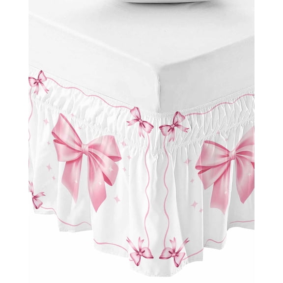 Valentine's Day Bed Skirt Queen Size 18 Inch Drop, Wrap Around Bed Skirts, Pink Bowknot Ribbon Modern Minimalist Art Elastic Bedskirt Pleated Bed Frame Cover Luxurious Dust Ruffle for Queen Bed