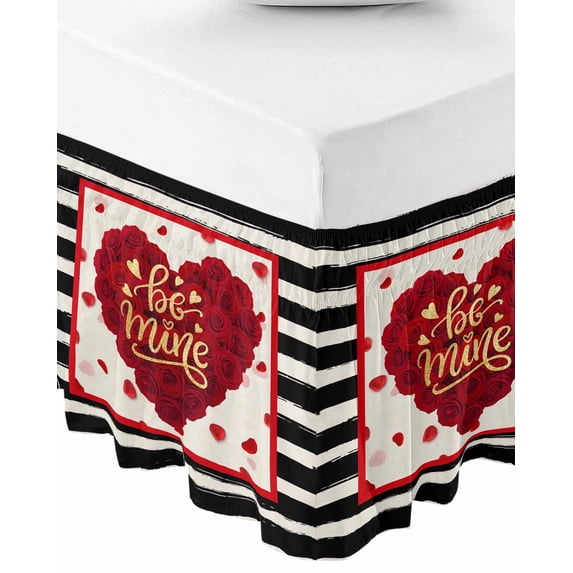 Valentine's Day Bed Skirt Queen Size 18 Inch Drop, Wrap Around Bed Skirts, Red Love Rose Floral Stripes Romantic Elastic Bedskirt Pleated Bed Frame Cover Luxurious Dust Ruffle for Queen Bed