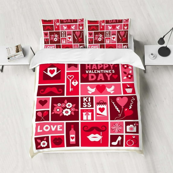 Valentine's Day Bedding Set, Pink Graphic Print Bedroom Bedding Set, Unisex, Comes with 1 Duvet Cover and 2 Pillowcases