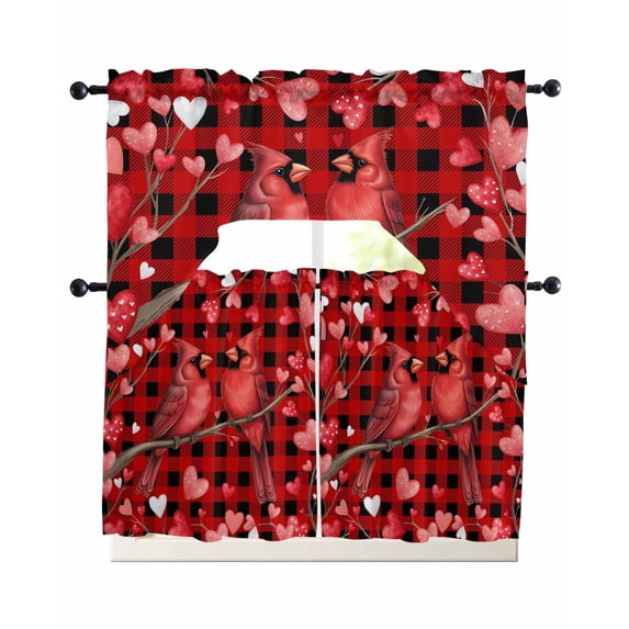 Valentine's Day Birds Swag Curtains for Living Room/Bedroom Windows, Love Branches Red Black Buffalo Plaid Kitchen Curtains and Valances Set 36 Inch Length, Swags Valance Curtain Panels