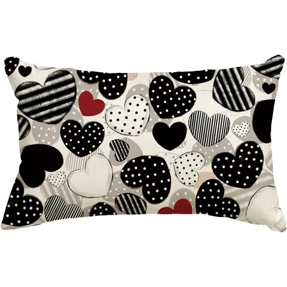 Valentine''s Day Black Heart Throw Pillow Cover, 12 x 20 Inch Anniversary Wedding Cushion Case Decoration for Sofa Couch