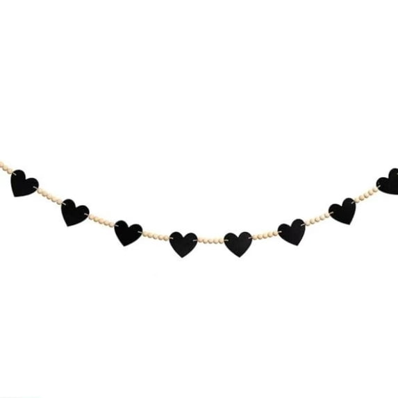Valentine’s Day Black Heart Wood Bead Garland Farmhouse Style Hanging Banner Fireplace Mantel Home Decor