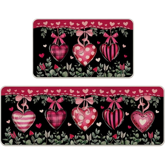 Valentine''s Day Black Kitchen Rugs Set of 2, Pink Red Love Heart Eucalyptus Leaves Arrow Kitchen Mats Decor, Anniversary Wedding Holiday Floor Door Mat Home Decorations -17x29 and 17x47 Inch