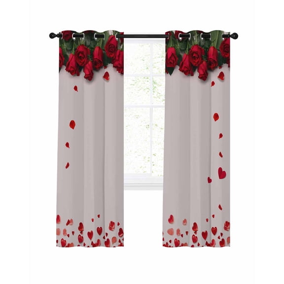 Valentine's Day Blackout Curtains for Bedroom Living Room, Modern Romantic Red Love Heart Flower Petal Pink 90 In Long Thermal Insulated Room Darkening Drapes Grommet Window Treatments, 52 x 90 In