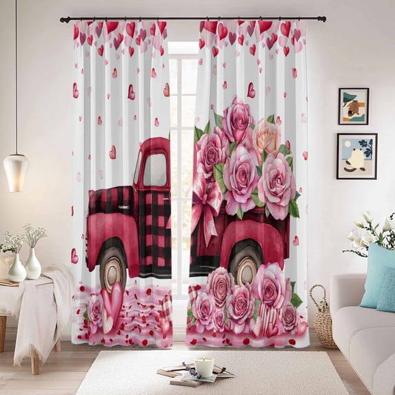 Valentine's Day Blackout Curtains for Bedroom/Living Room, Pinch Pleated Black Out Curtains, Pink Love Roses Truck Romantic White Room Darkening Window Drapes with Hooks 2 Panels, 59"x70"